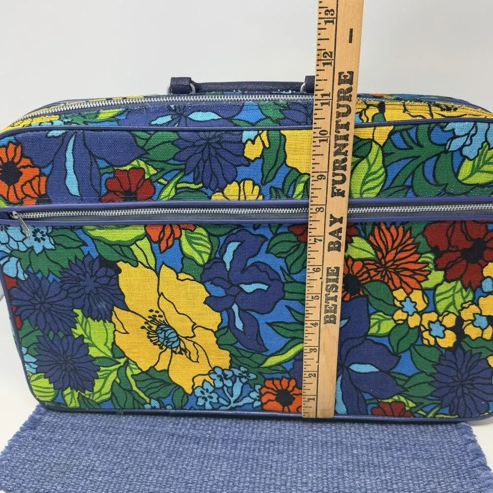 Vintage 70s Retro Suitcase Floral Flowers Flower Power Blue W/ Lock Bantam